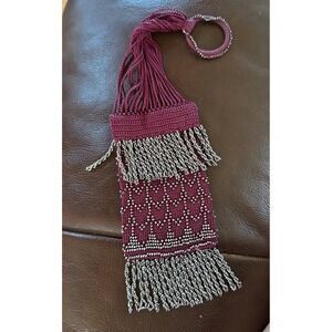 Victorian Miser's Purse Maroon Crochet & Cut Steel Bead Work